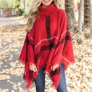 NEW Red Plaid Poncho Cape Turtle Neck Fringe Hem